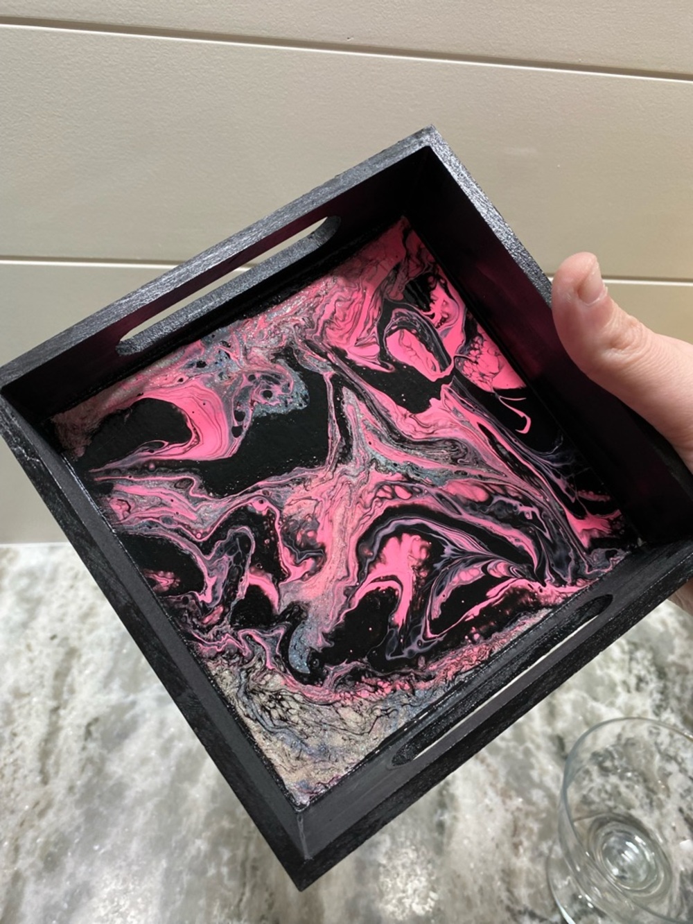 Hand Crafted Wooden Tray with Black & Pink Swirl Art - Picture 2 of 6